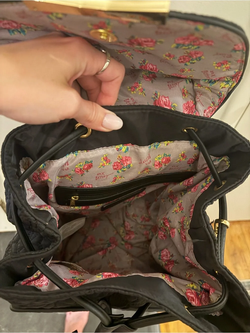 Betsey Johnson Black Quilted Backpack with Gold & Leopard Accent
